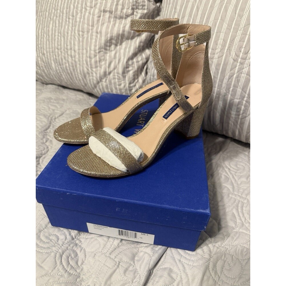 Stuart Weitzman Nudist Block 75MM Sparkle Block Heel Sandals SZ 8.5